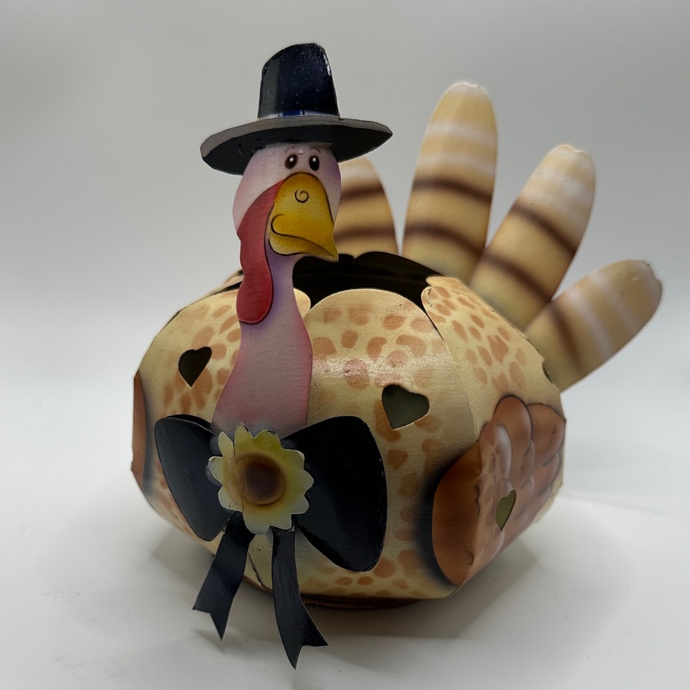 Metal Decorative Turkey Figurine with Hat and Bow